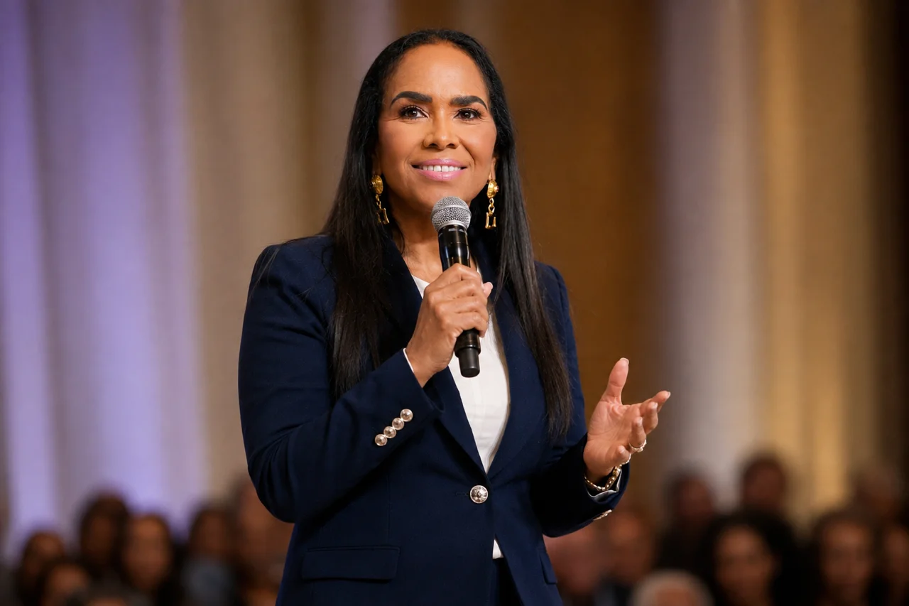 Roxanne Felton Christopher speaking on stage with a microphone before an audience.